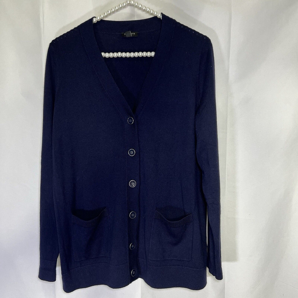 Talbots Cardigan Womens MP Navy Blue Button Sweater Pockets Casual Workwear